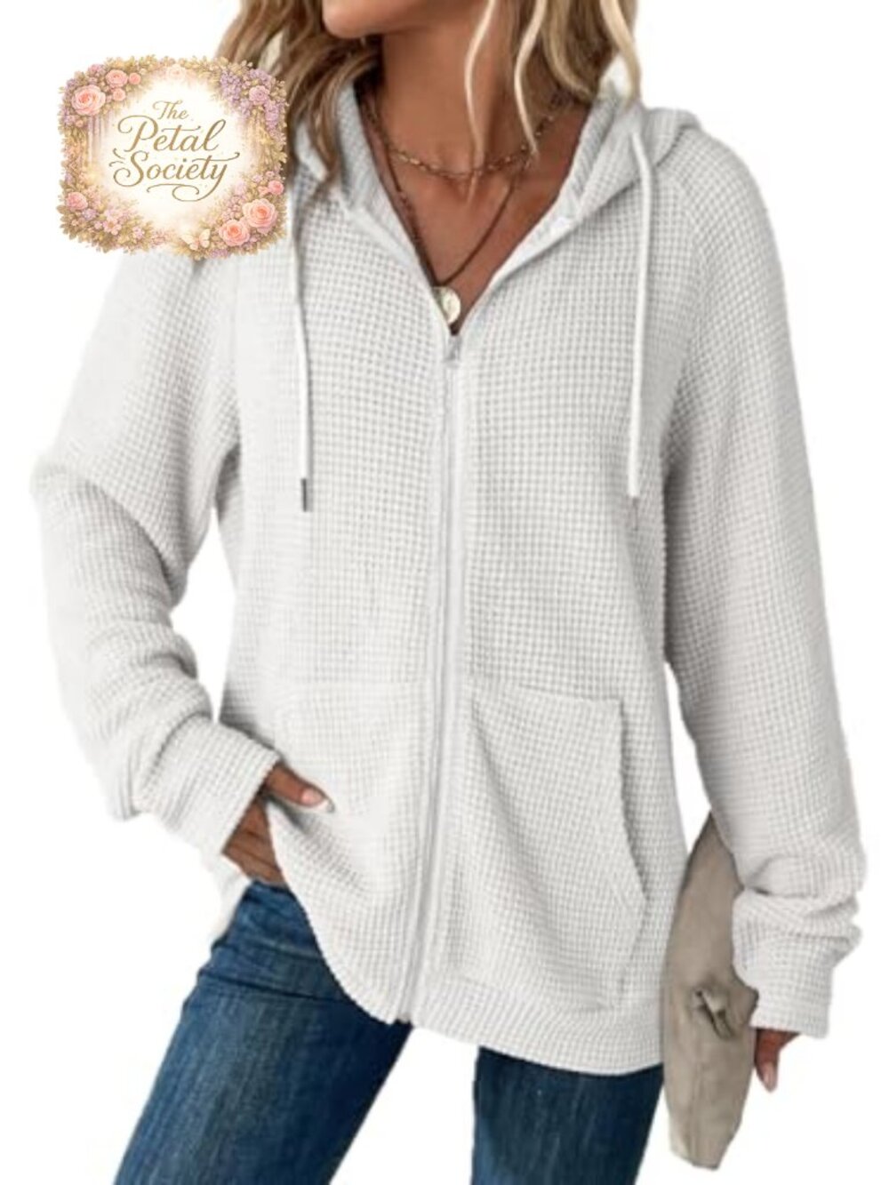 Waffle Knit Zip Up Hoodie Long Sleeve Drawstring Sweatshirt